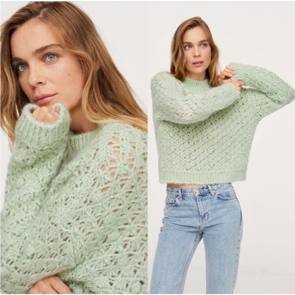 Mango Large Alpaca Blend Mint Green Crop Chunky Open Knit Long Sleeve Sweater - Picture 1 of 9